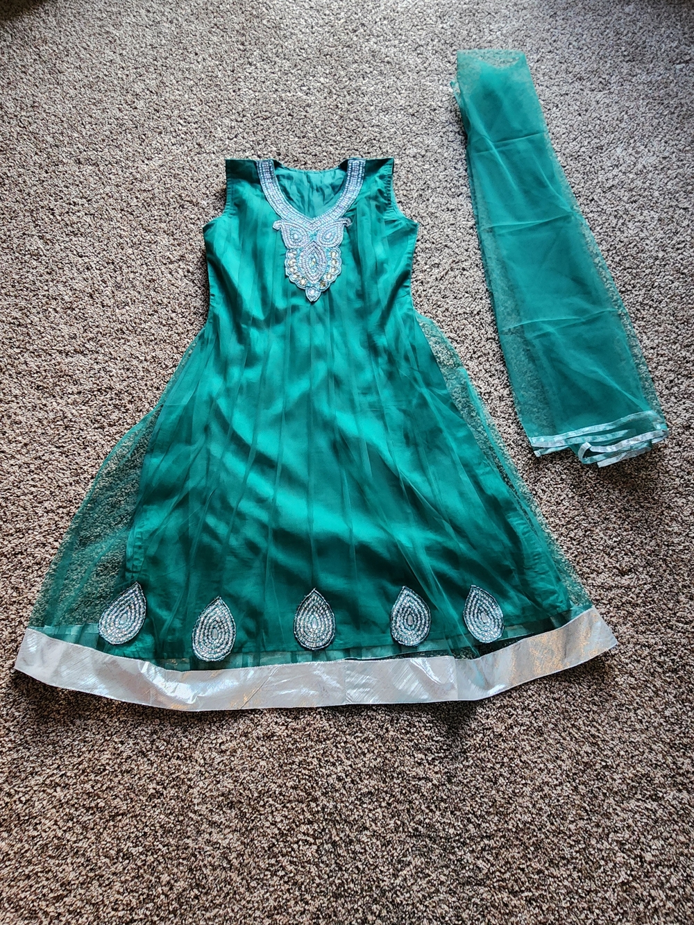 Anarkali Embroided Dress In Green Emerald Color  with Sheer Dupatta